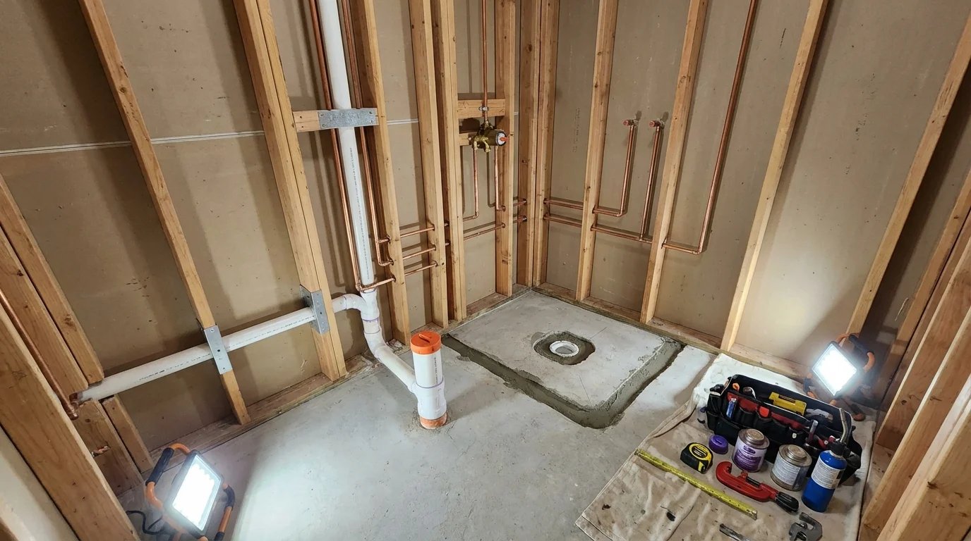 Bathroom rough-in plumbing during remodel by Johns Plumbing LLC in Bonita Springs