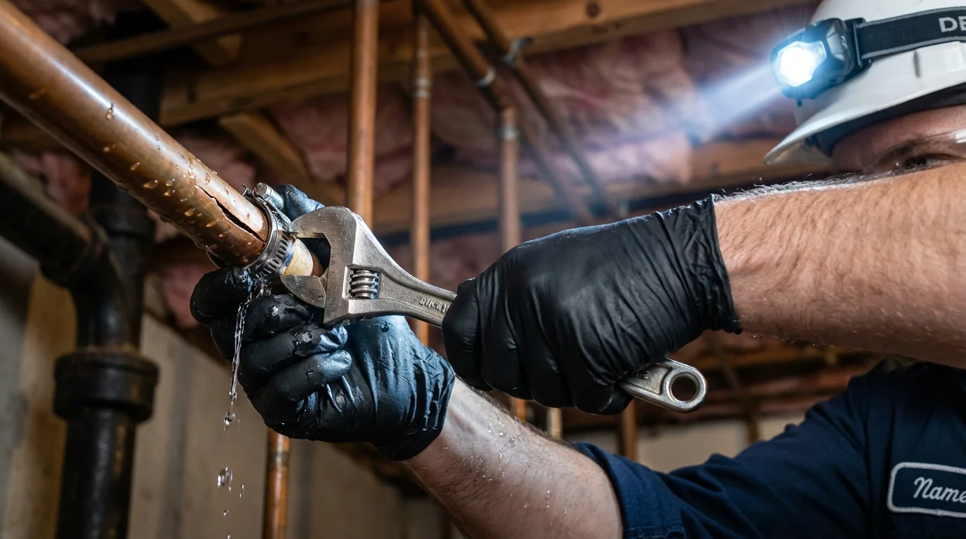 Emergency pipe clamp repair being performed by a Johns Plumbing LLC plumber in Bonita Springs