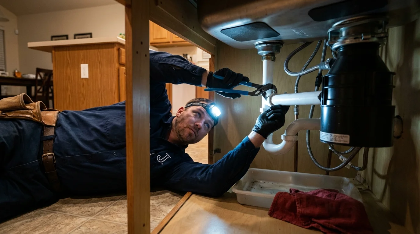 P-trap and supply line connections under a kitchen sink showing a common leak point in Bonita Springs, FL